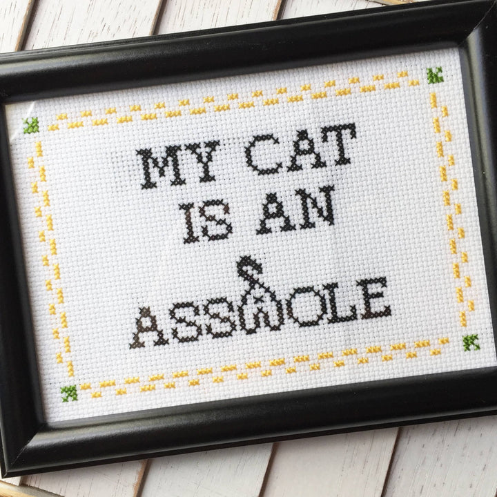 My Cat is an Asshole Cross Stitch Kit – Funny Gift for Cat Lovers (6”) - Pisgah Needleworks