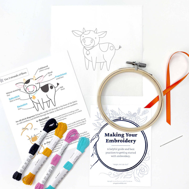 Penguin & Fish – Cow Embroidery Kit | 4" Beginner Farm Animal Embroidery Kit - Pisgah Needleworks