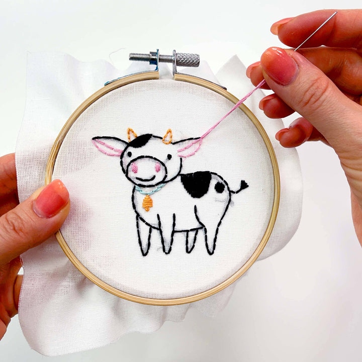 Penguin & Fish – Cow Embroidery Kit | 4" Beginner Farm Animal Embroidery Kit - Pisgah Needleworks