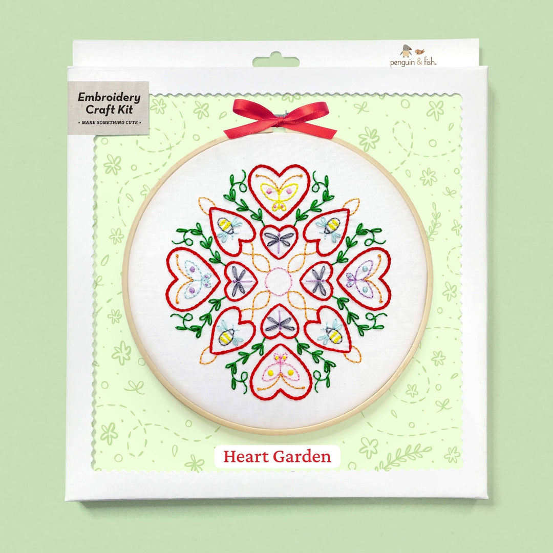 Penguin & Fish – Heart Garden 8" Embroidery Kit (Beginner - Friendly) - Pisgah Needleworks