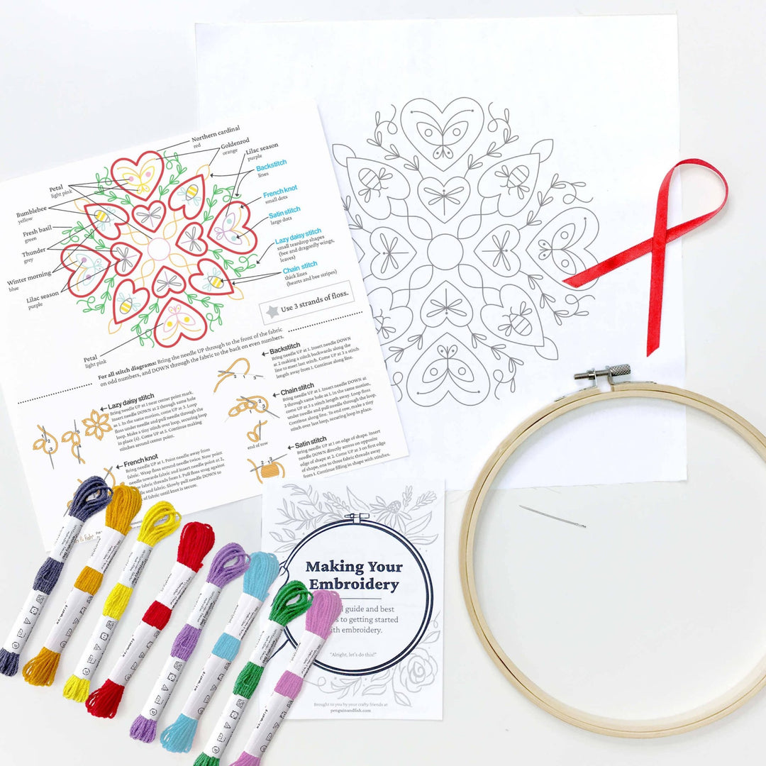 Penguin & Fish – Heart Garden 8" Embroidery Kit (Beginner - Friendly) - Pisgah Needleworks