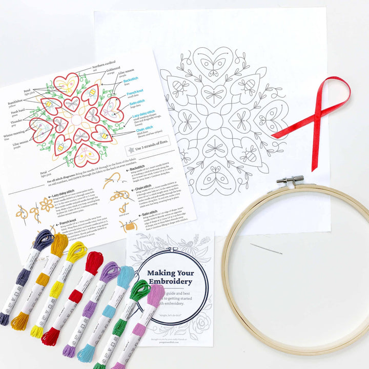 Penguin & Fish – Heart Garden 8" Embroidery Kit (Beginner - Friendly) - Pisgah Needleworks