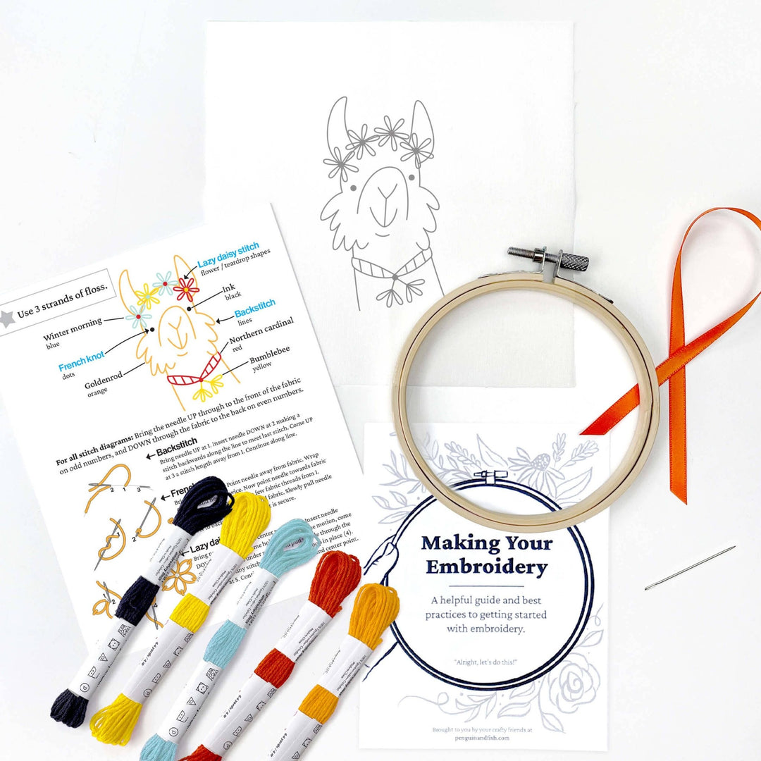 Penguin & Fish – Llama 4" Embroidery Kit (Beginner - Friendly) - Pisgah Needleworks