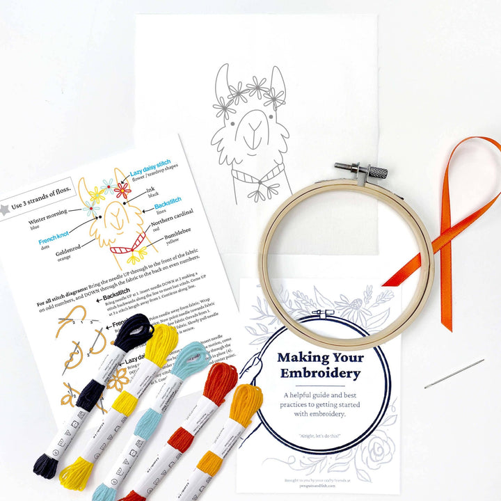 Penguin & Fish – Llama 4" Embroidery Kit (Beginner - Friendly) - Pisgah Needleworks