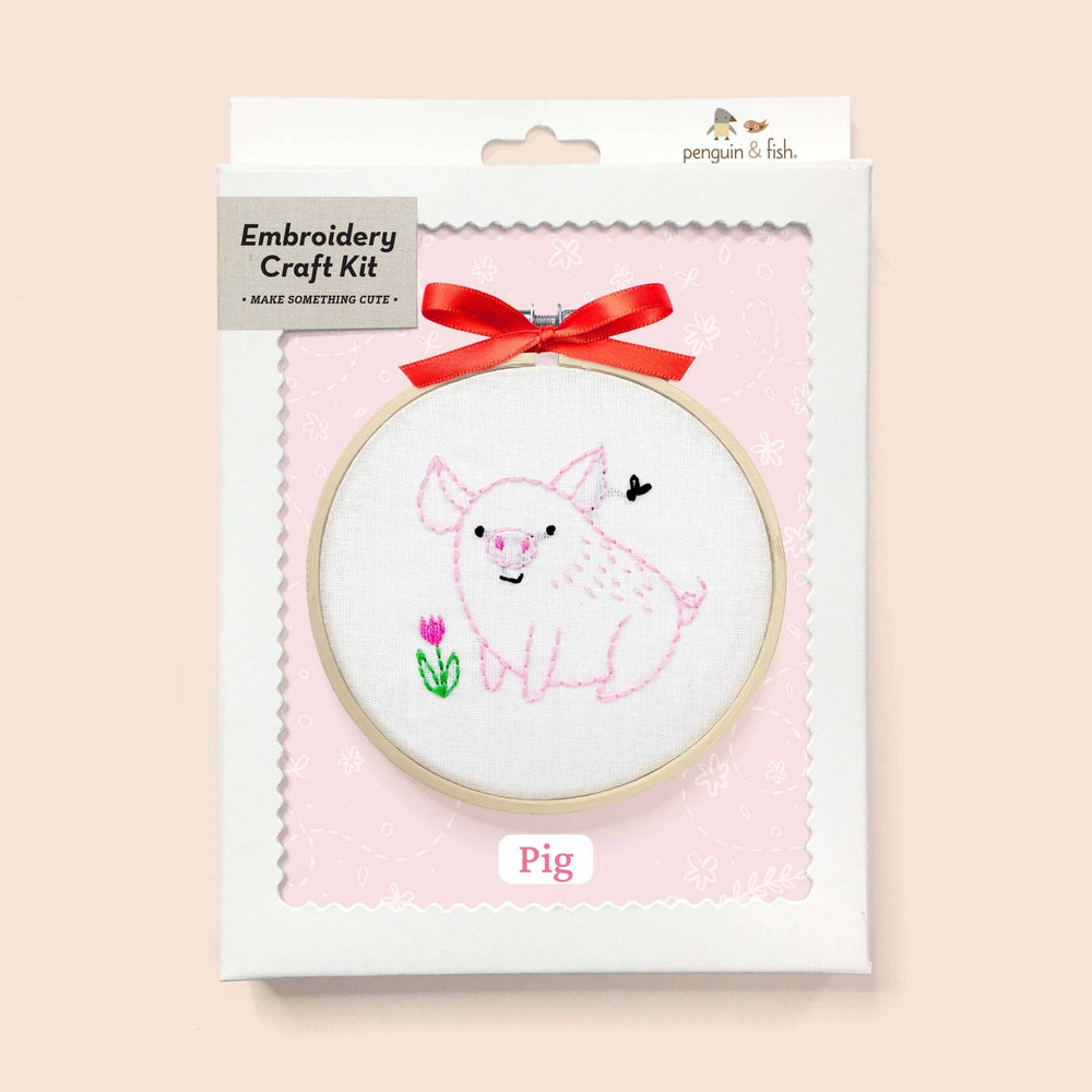 Penguin & Fish – Pig 4" Embroidery Kit (Beginner Farm Animal) - Pisgah Needleworks
