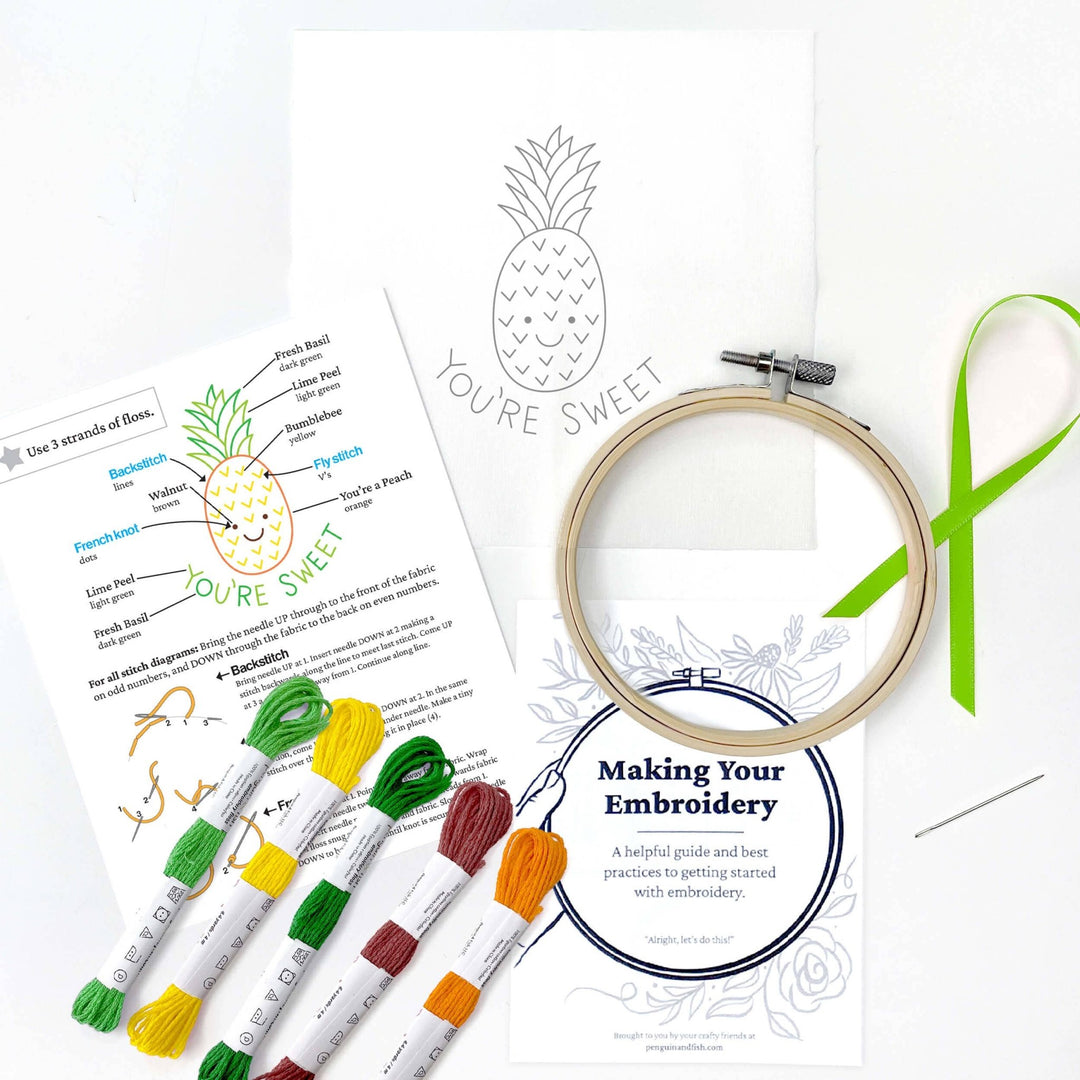 Penguin & Fish – Pineapple Embroidery Kit | 4" Beginner Hand Embroidery Kit - Pisgah Needleworks
