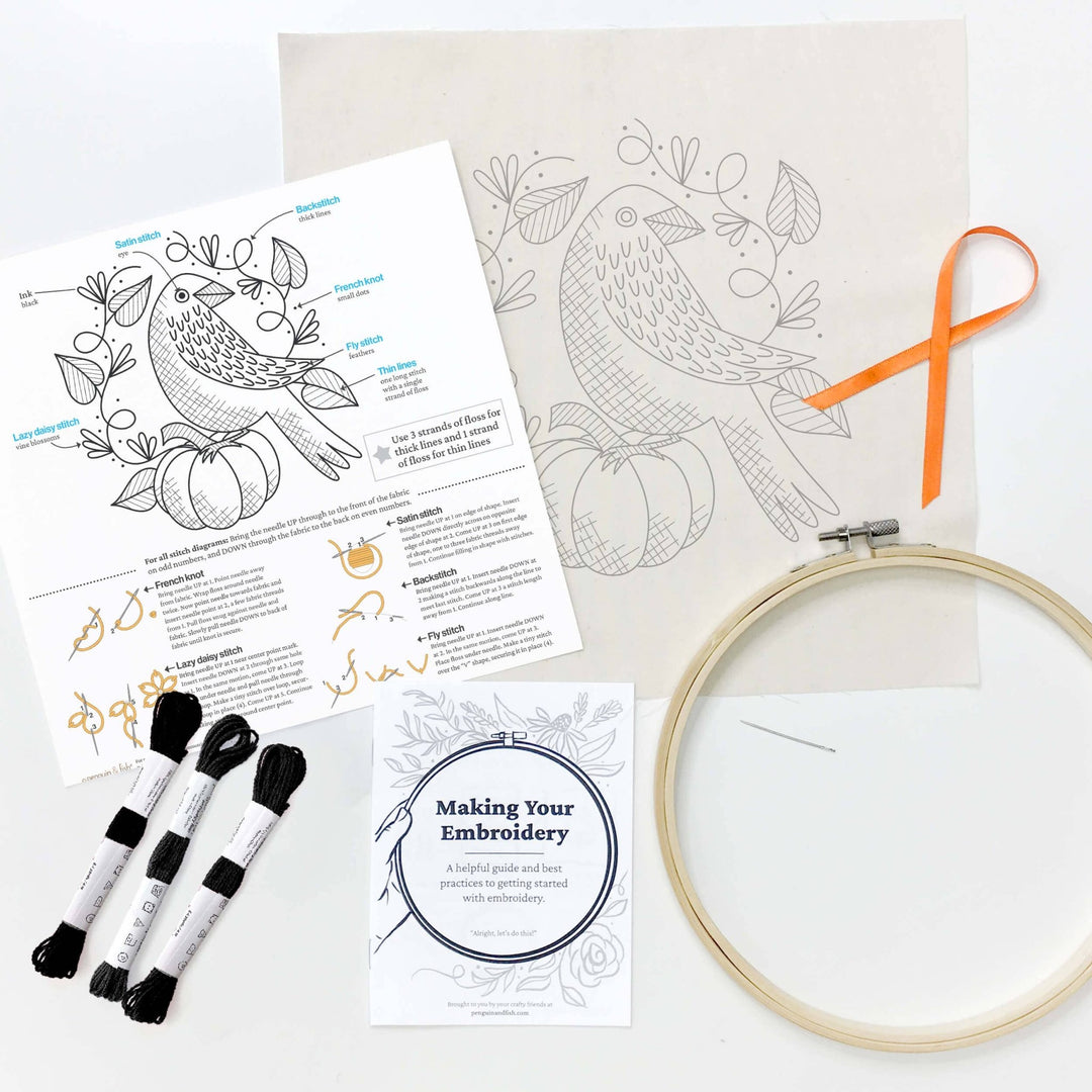 Penguin & Fish – Raven 8" Embroidery Kit (Beginner Fall Design) - Pisgah Needleworks