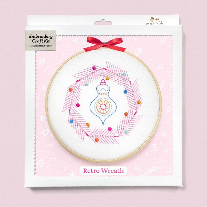 Penguin & Fish – Retro Wreath 8" Embroidery Kit (Beginner - Friendly) - Pisgah Needleworks