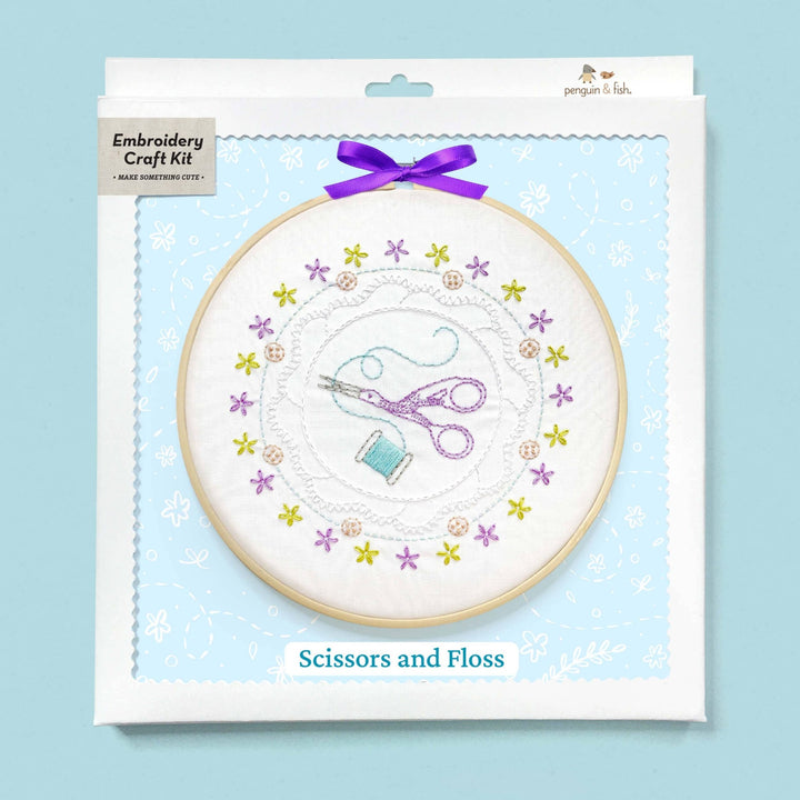 Penguin & Fish – Scissors and Floss 8" Embroidery Kit (Beginner) - Pisgah Needleworks