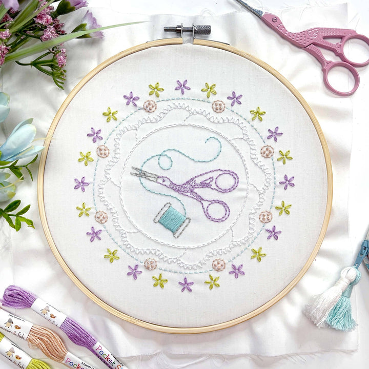 Penguin & Fish – Scissors and Floss 8" Embroidery Kit (Beginner) - Pisgah Needleworks