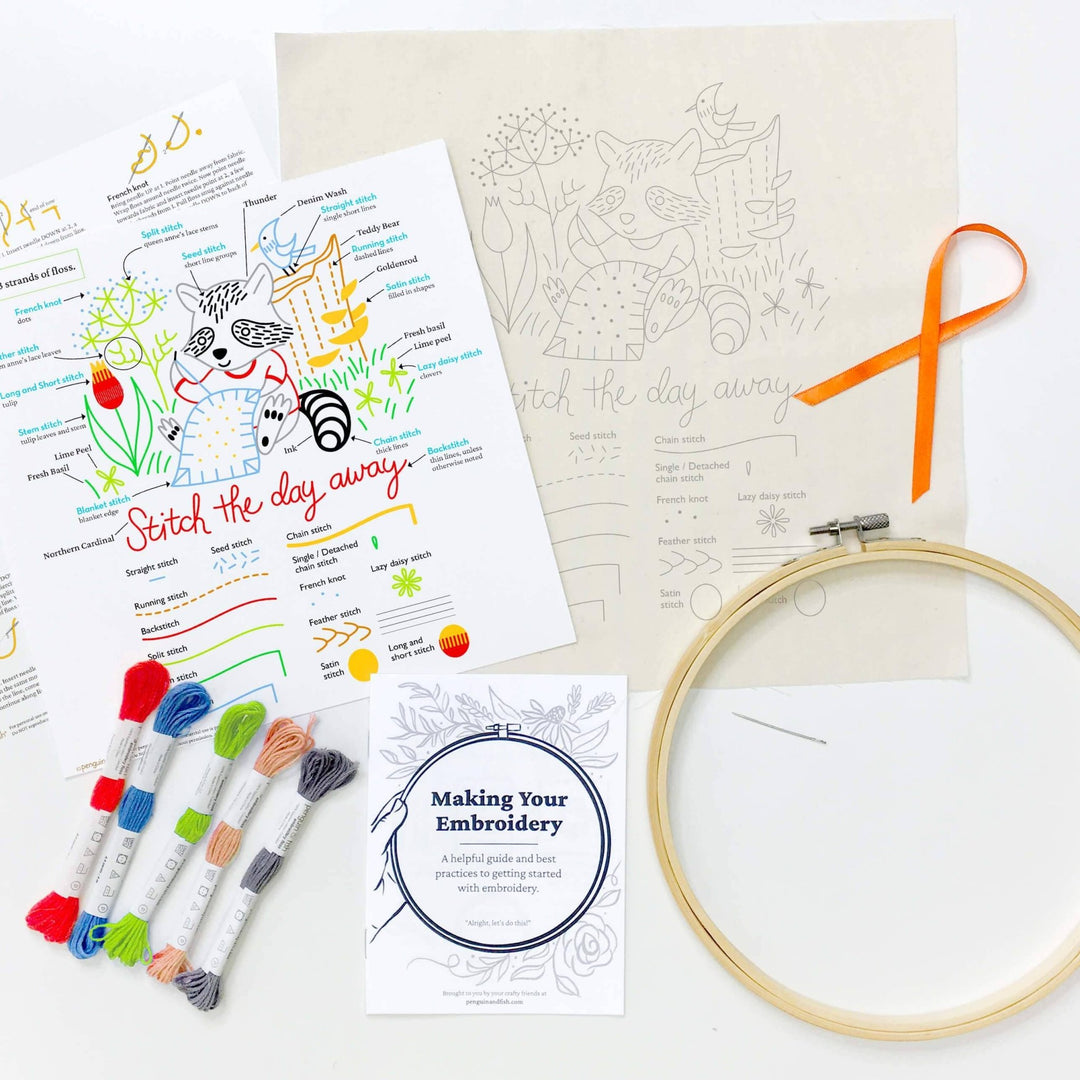 Penguin & Fish – Stitching Raccoon Sampler Embroidery Kit (Beginner - Friendly) - Pisgah Needleworks