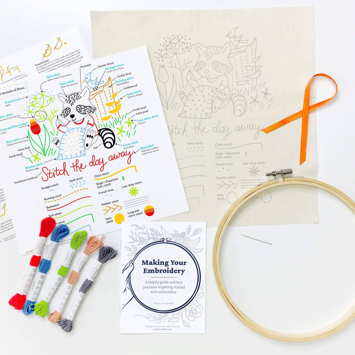 Penguin & Fish – Stitching Raccoon Sampler Embroidery Kit (Beginner - Friendly) - Pisgah Needleworks