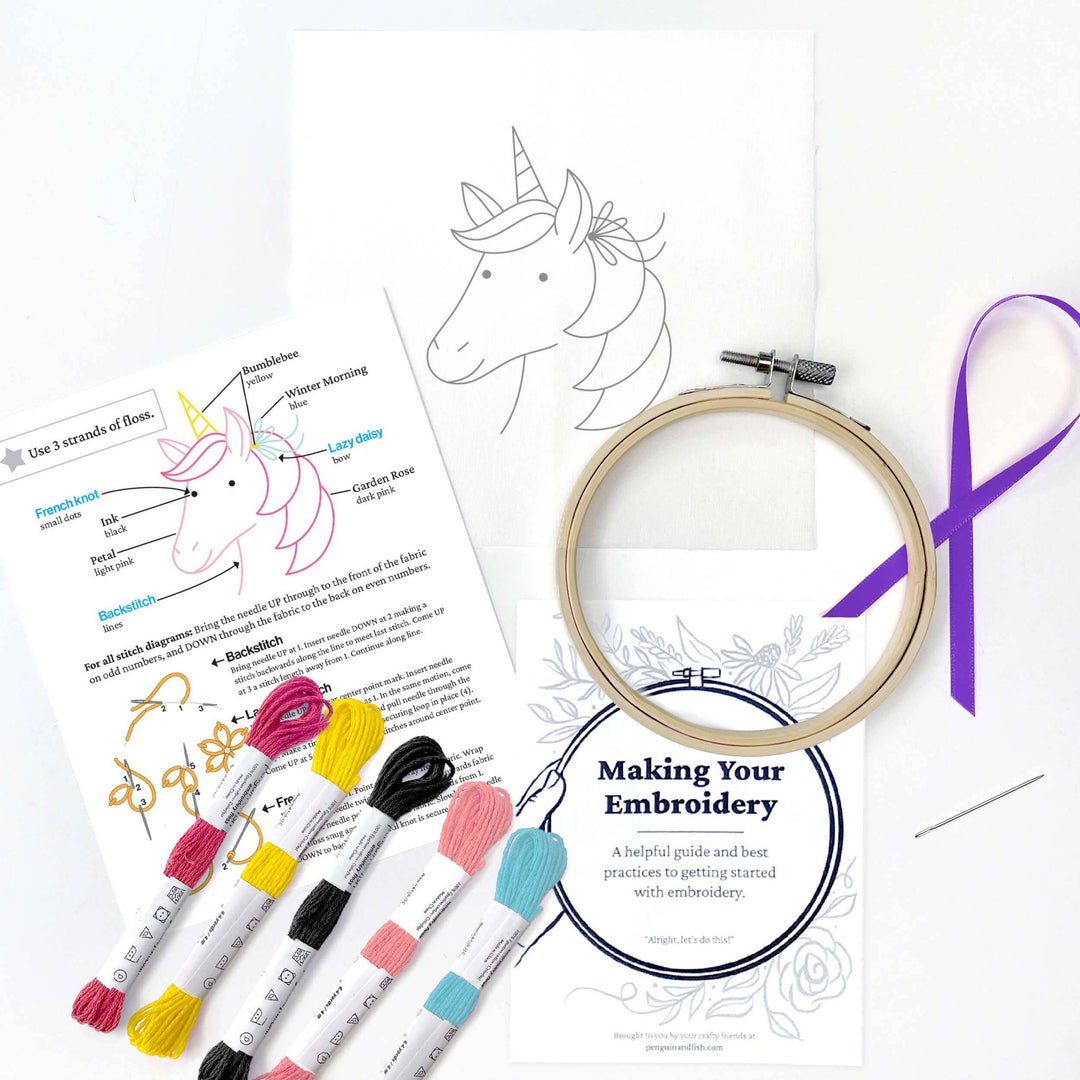 Penguin & Fish – Unicorn 4" Embroidery Kit (Beginner - Friendly) - Pisgah Needleworks