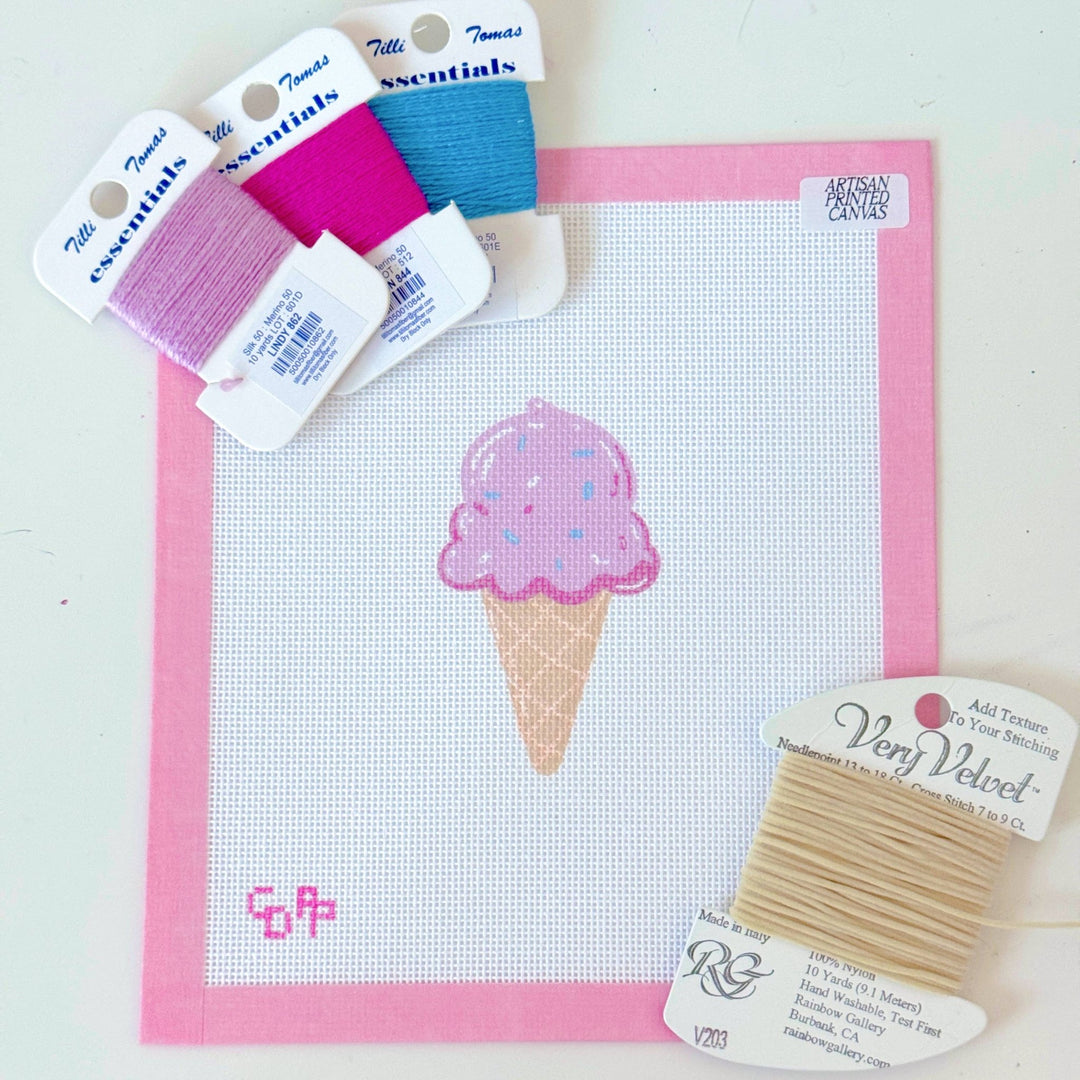 Pink Ice Cream Cone Needlepoint Canvas – Artisan Printed 3x4 | Cotswold Co Designs - Pisgah Needleworks