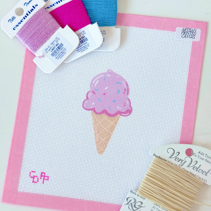 Pink Ice Cream Cone Needlepoint Canvas – Artisan Printed 3x4 | Cotswold Co Designs - Pisgah Needleworks