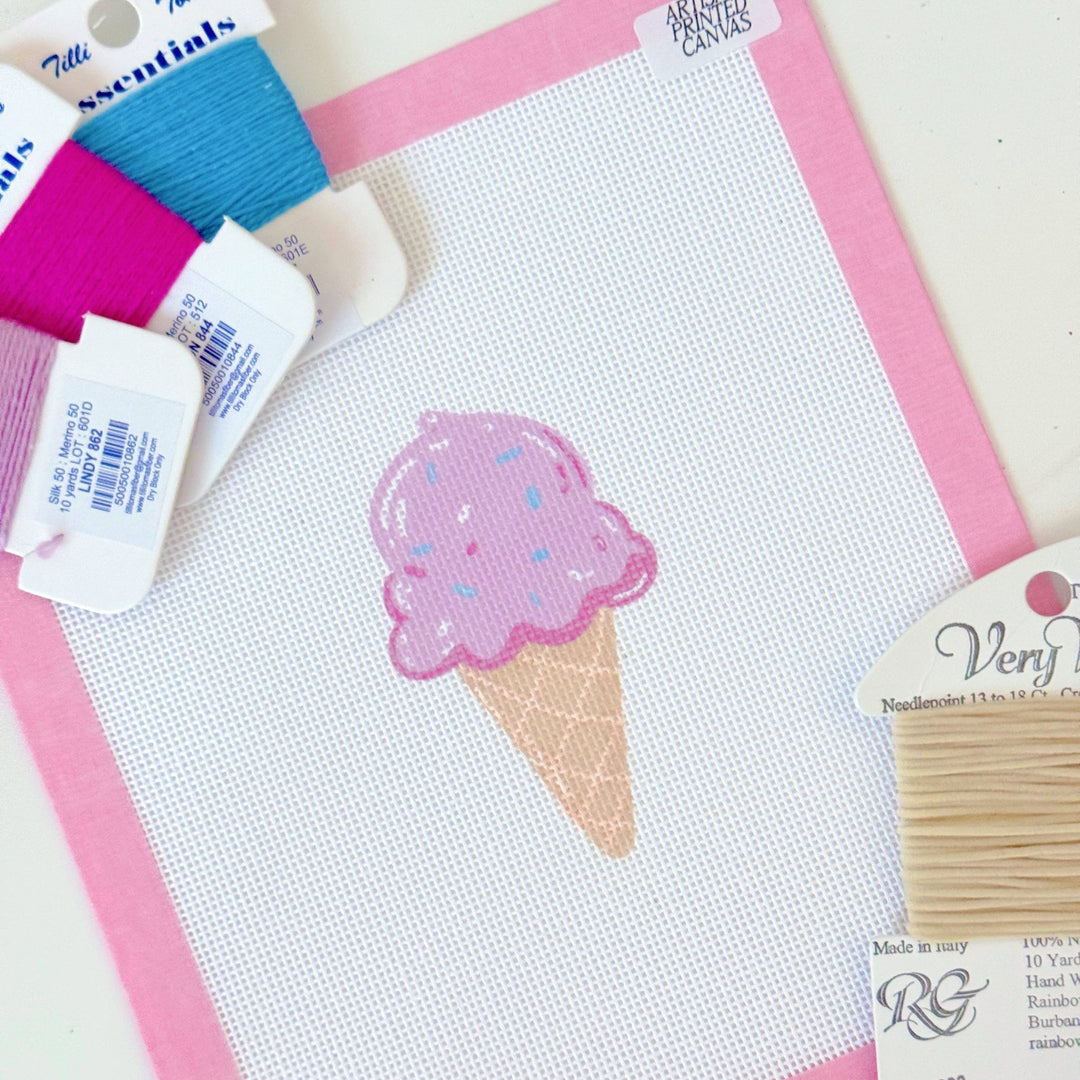 Pink Ice Cream Cone Needlepoint Canvas – Artisan Printed 3x4 | Cotswold Co Designs - Pisgah Needleworks