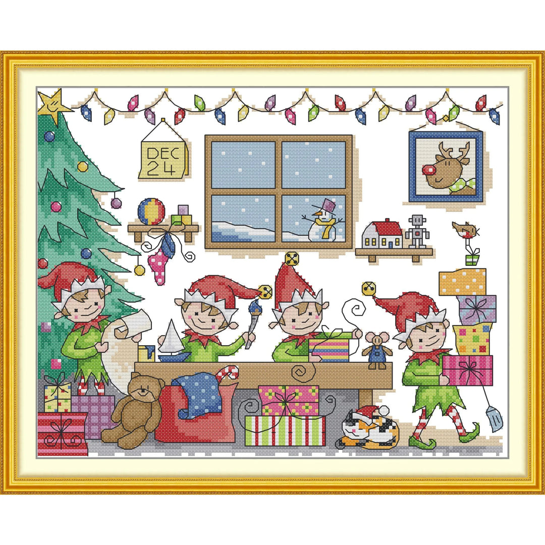 Cross-stitched scene of elves around a Christmas tree with presents and decorations.