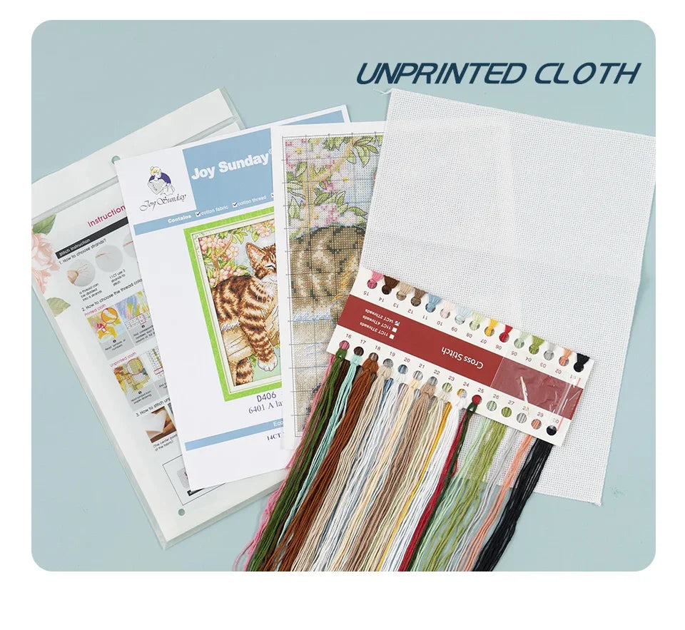 Collection of printed fabric swatches and materials on a light blue background with 'Unprinted Cloth' text.