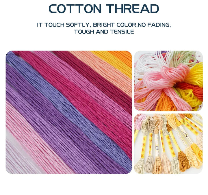 Cotton thread with bright colors, soft touch, no fading, and toughness on a white background.