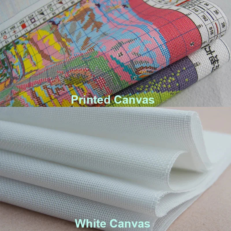 Two types of canvas fabric: printed and white, with a ruler in the background.
