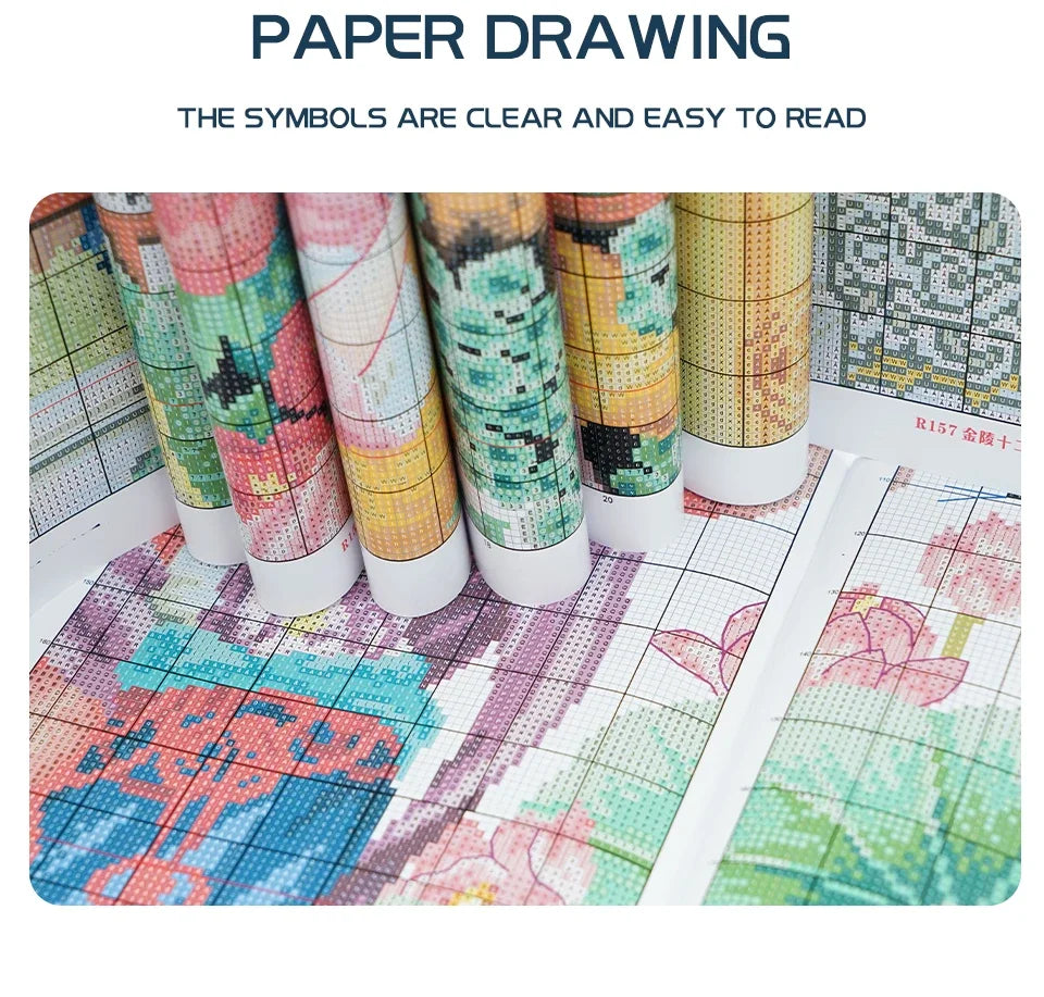 Rolls of paper with pre-printed patterns on a grid surface, labeled 'Paper Drawing'.