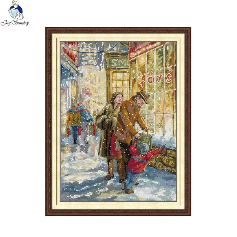 Framed artwork of a family in a snowy street scene with a toy store.