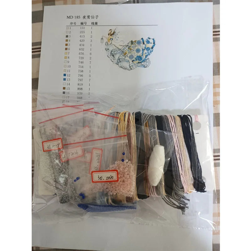 Embroidery kit with threads and a pattern sheet on a white background