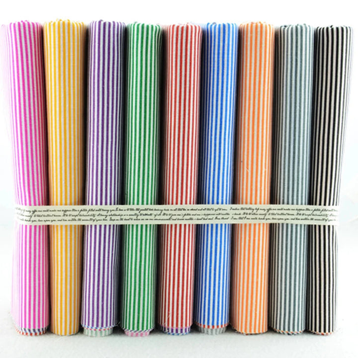 Set of colorful striped fabric swatches arranged in a row on a white background.