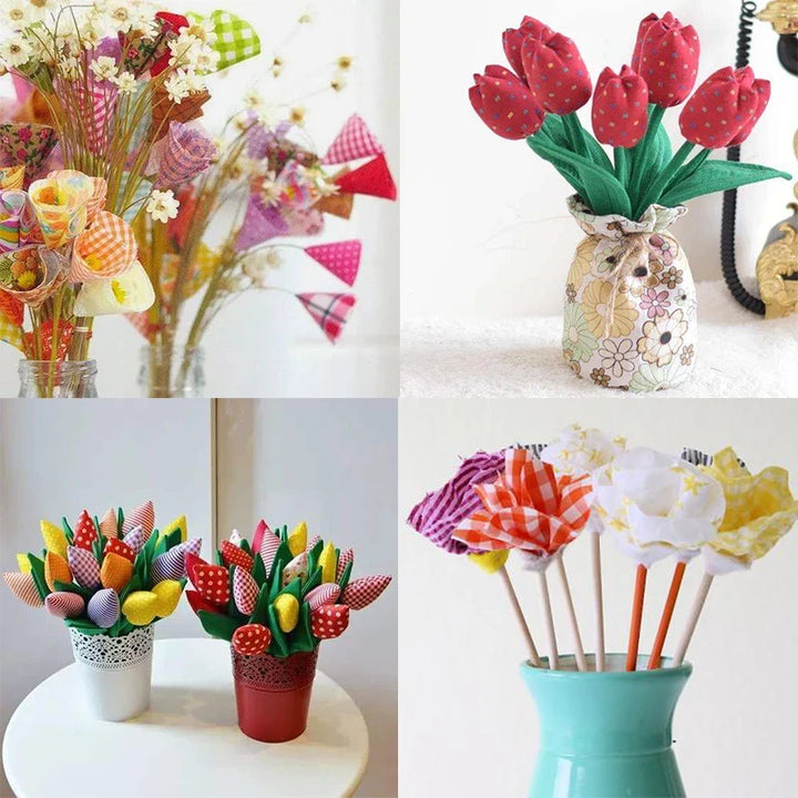 Collage of various colorful flower arrangements in different containers on a white background.