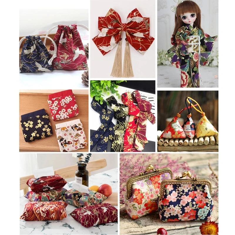 Collage of various floral and traditional designs including bags, accessories, and a doll in a kimono.