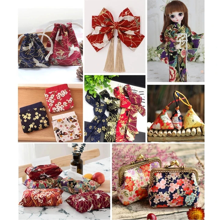Collage of various floral and traditional designs including bags, accessories, and a doll in a kimono.