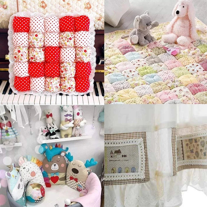 Collage of various baby items including a quilt, plush toys, and decorative pillows.