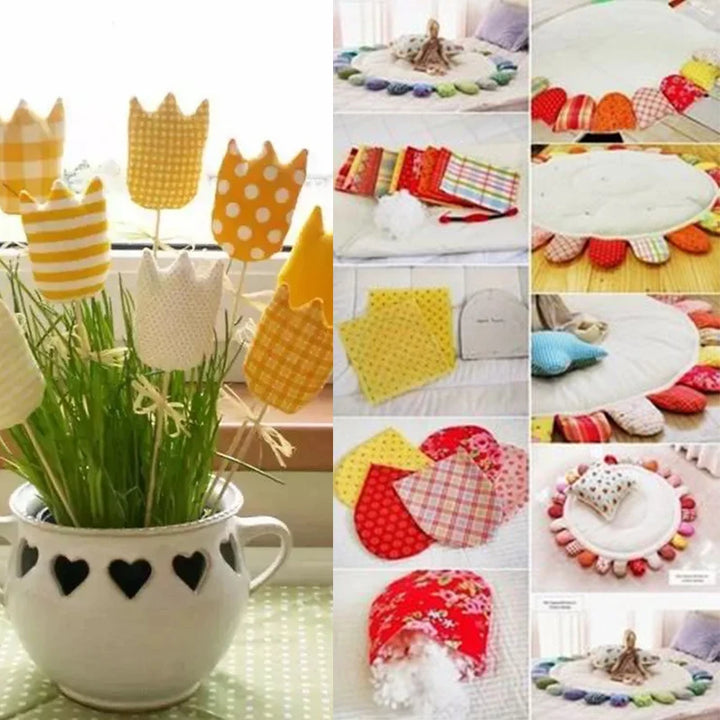 Collage of various decorative items including tulip-shaped decorations, a colorful rug, and fabric hearts.