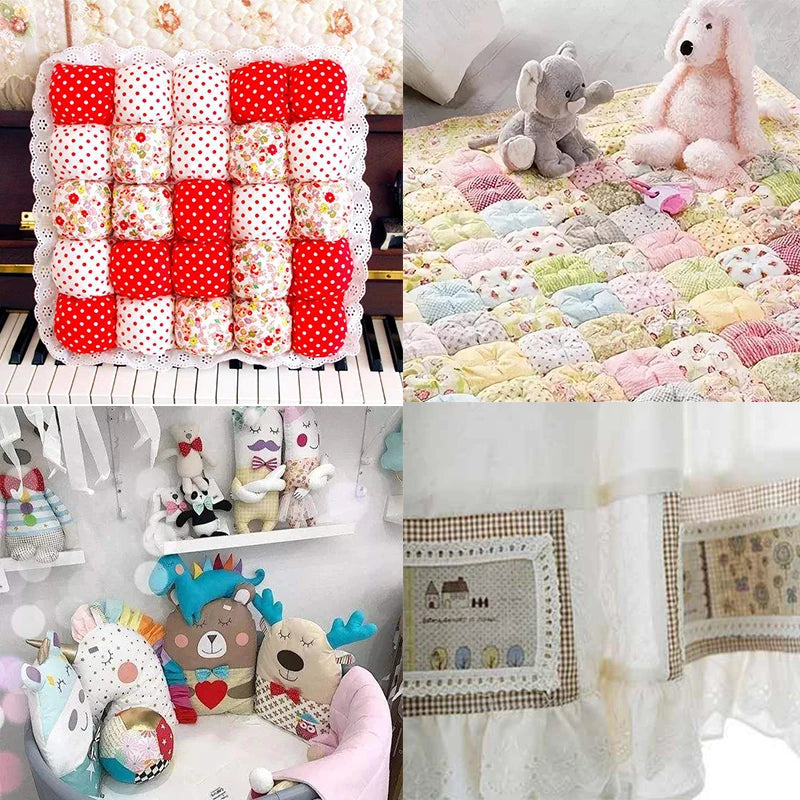 Collage of various baby items including a quilt, plush toys, and decorative pillows.