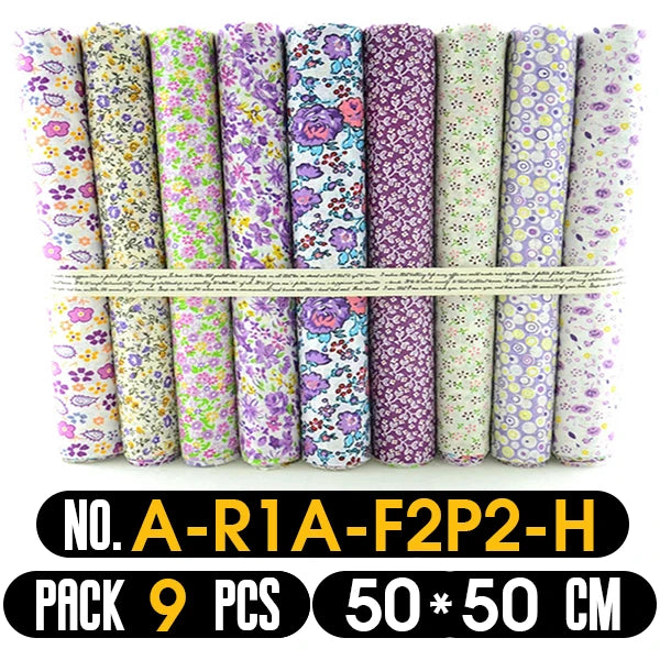 Set of floral fabric rolls in various patterns with a label indicating pack size and dimensions.