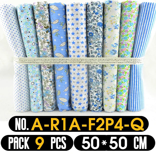 Pack of 9 floral and patterned fabric rolls tied together with text indicating size and quantity.
