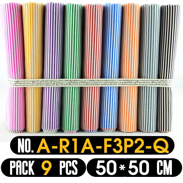 Pack of 9 colorful fabric strips with dimensions 50x50 cm on a white background.