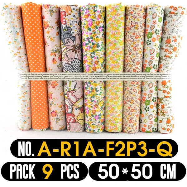 Set of 9 floral fabric bundles with a decorative label
