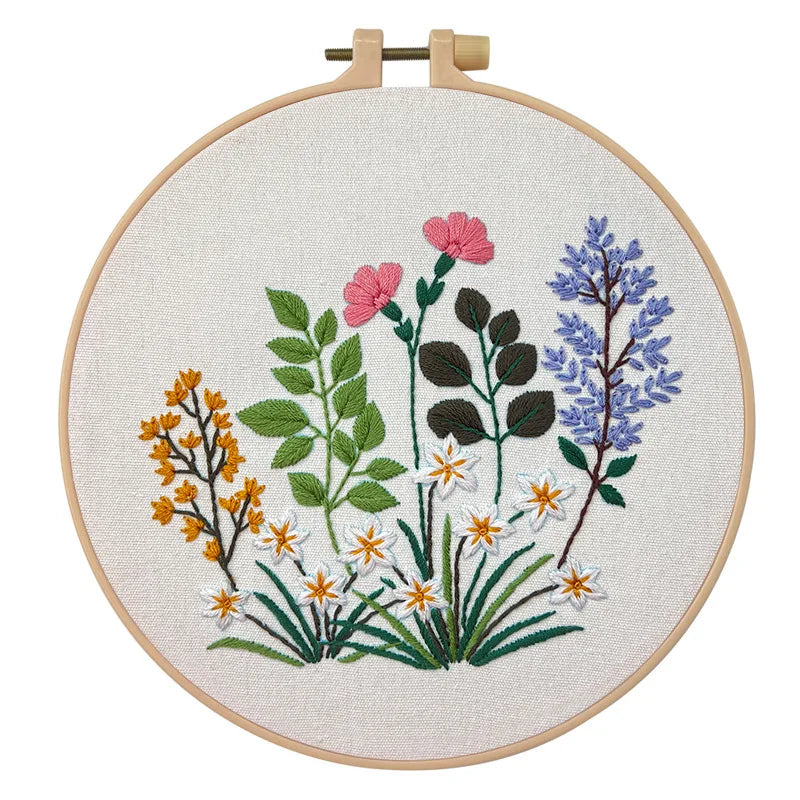 Embroidery hoop with floral design on a white background