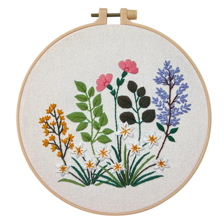 Embroidery hoop with floral design on a white background