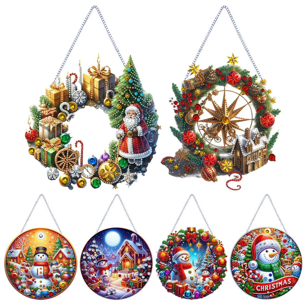Set of Christmas-themed decorative items including wreaths and round panels with festive designs.
