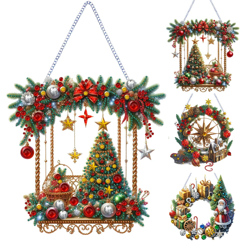 Decorative Christmas swing with ornaments and a tree on a white background