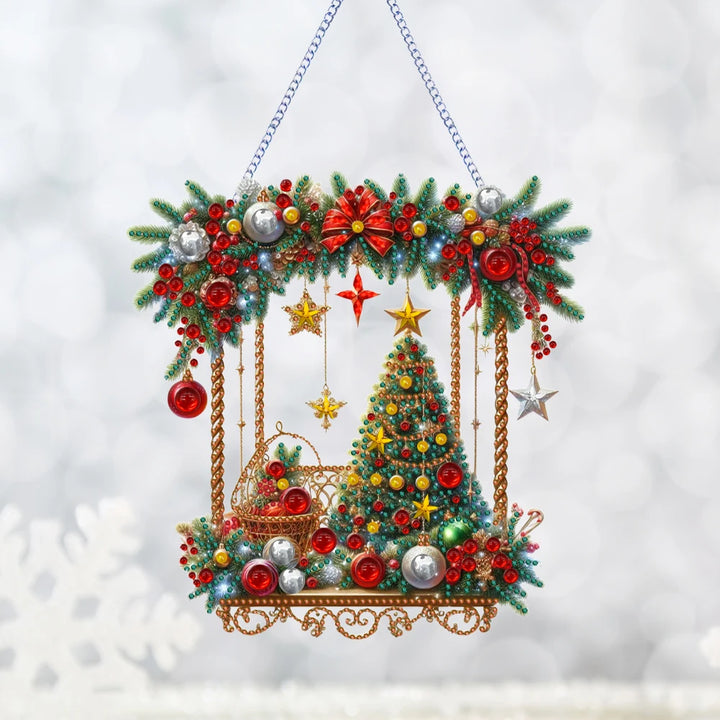 Decorative Christmas ornament with a swing and tree on a snowy background