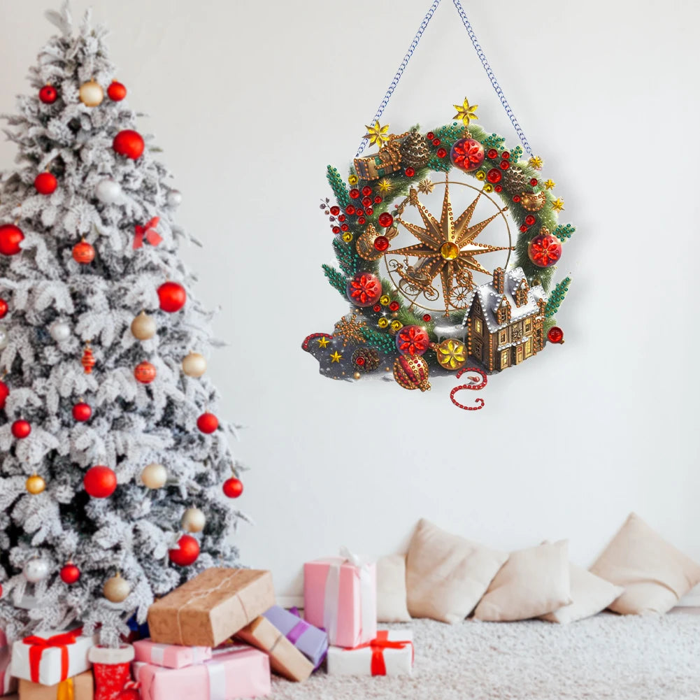 Decorative Christmas wreath with star design hanging on a wall next to a Christmas tree and presents.