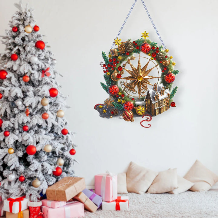 Decorative Christmas wreath with star design hanging on a wall next to a Christmas tree and presents.