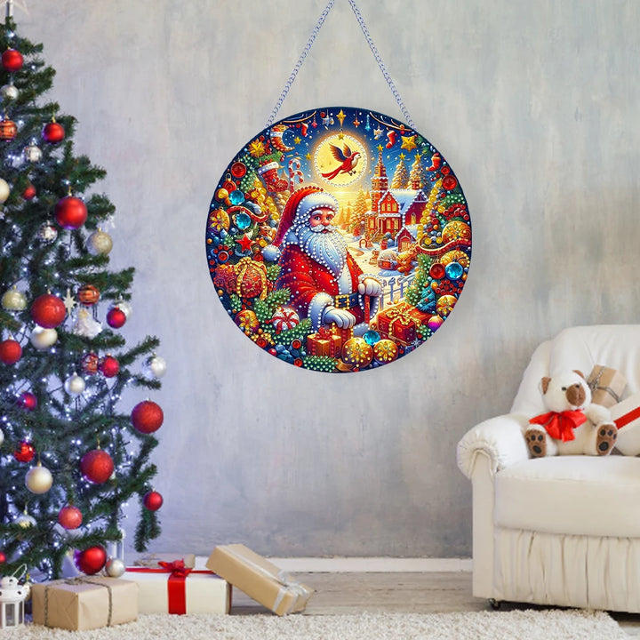 Decorative circular wall art with Santa Claus, Christmas tree, and presents in a living room setting.