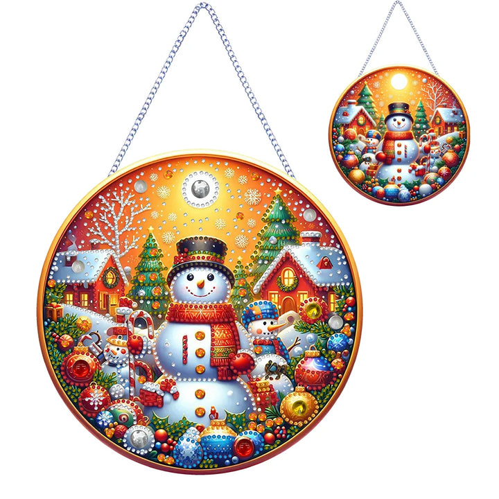 Decorative circular panel with a snowman and winter scene, suitable for Christmas decoration.