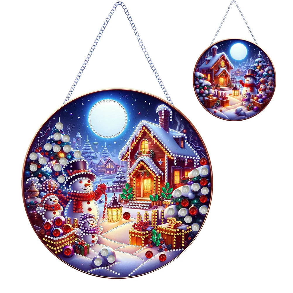 Decorative circular panel with a winter scene featuring a house, snowmen, and lights.