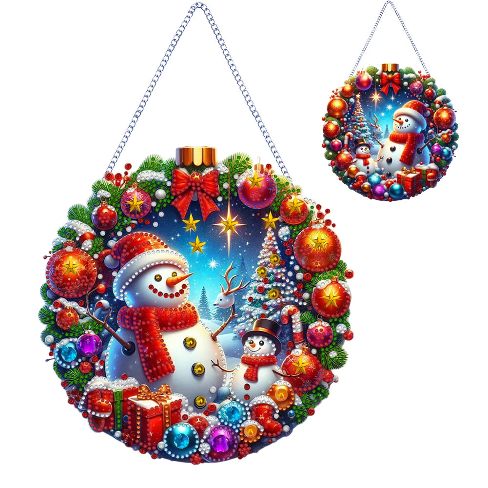 Decorative Christmas wreath with snowmen, ornaments, and a tree on a white background