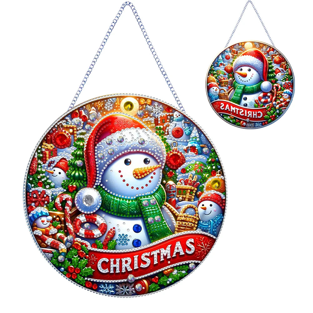 Circular Christmas-themed ornament with snowman design on a white background